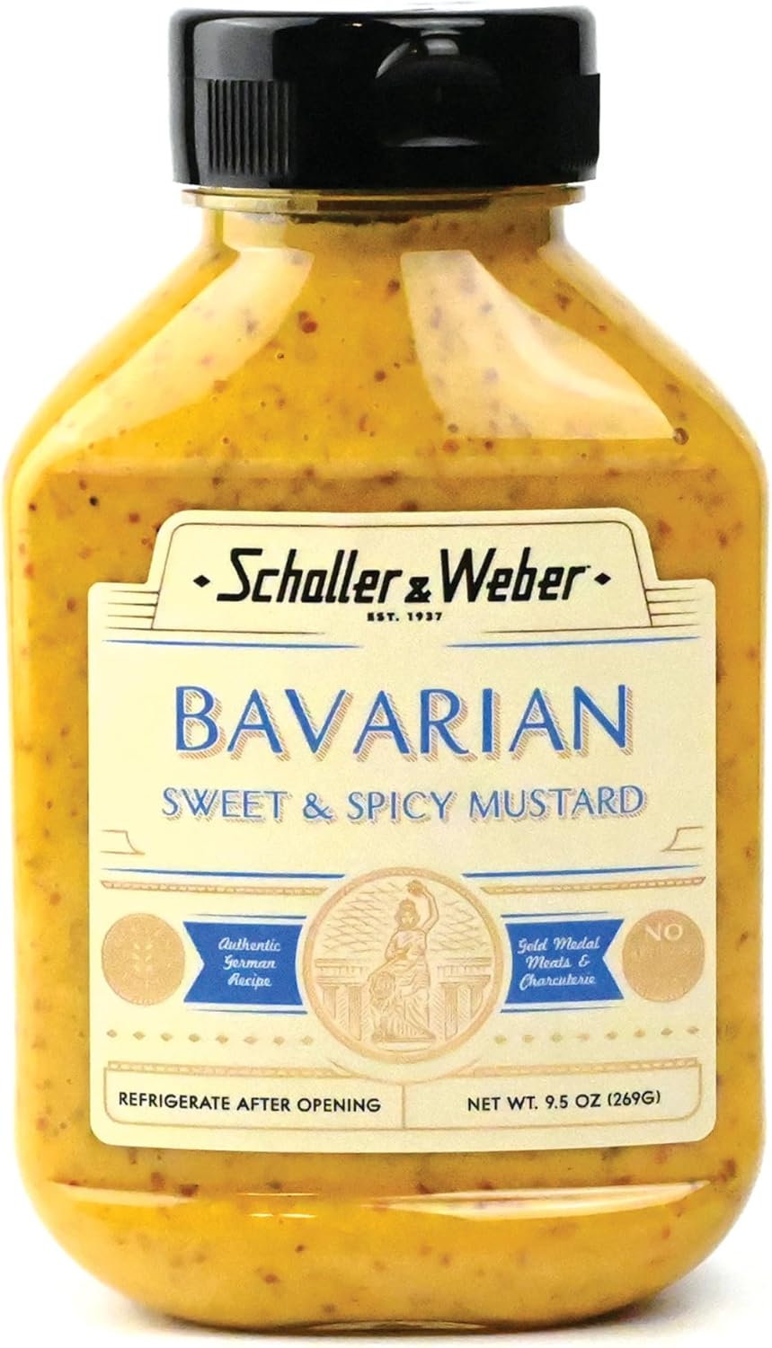 Schaller & Weber Bavarian Mustard, 9.5 Oz Squeeze Bottle (1 Pack) | Sweet Hot Mustard | Deli Condiment for Sausages, Pretzels & Sandwiches | All Natural, No Preservatives