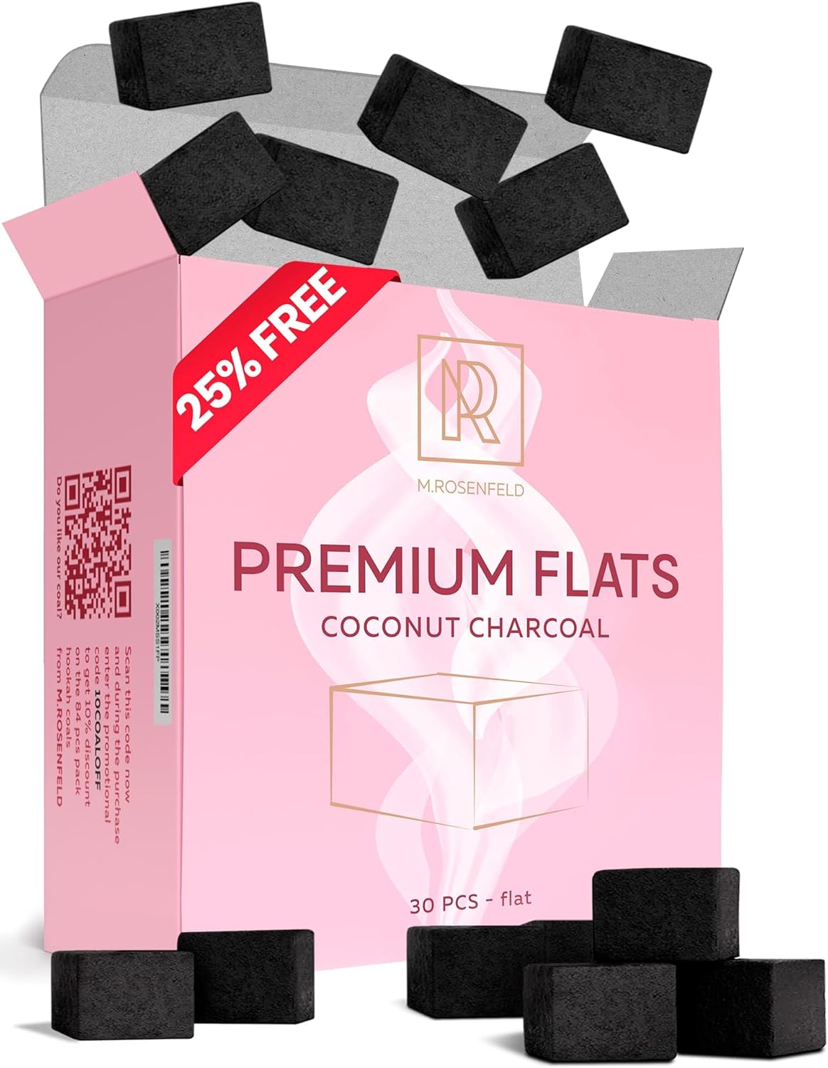 Hookah Coals Flats Coconut Charcoal for Hooka – 30 Count Value Pack Premium Quality 15mm (1x1x0.6 in) – M. ROSENFELD 100% Natural Coconut Hooka Charcoal for Hookah – NOT Quick Light Charcoal Pills