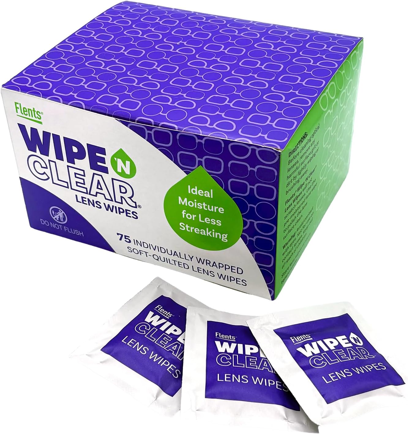 Flents Glasses Cleaner Wipes, 75 Count, Eyeglass Cleaning Wipes, Pre-Moistened, Individually Wrapped, Smudge & Streak-Free Lens Wipes for Glasses & Sunglasses, Safe for AR Coated Lenses