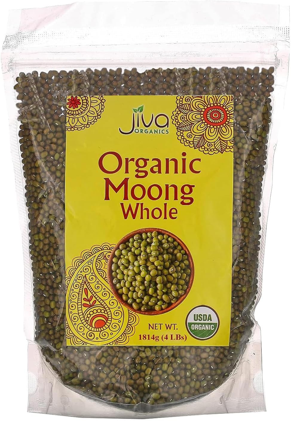 Jiva Organics Organic Mung Beans Whole 4 LB LARGE Bag - Green Moong Bean