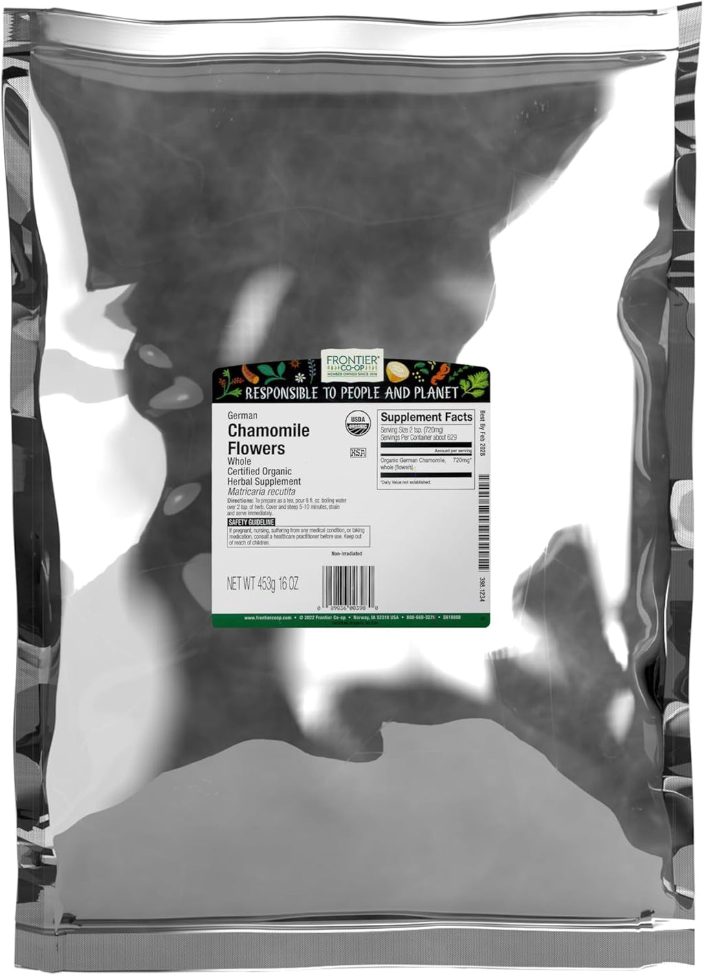 Frontier Co-op Organic German Whole Chamomile Flowers, 1-pound Bulk Bag, Makes Relaxing/Calming Tea, Kosher, Non Irradiated