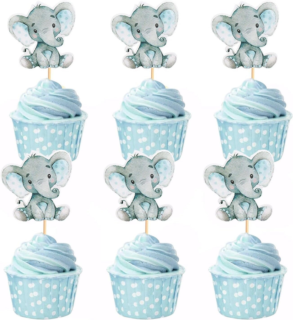 24 Pack Elephant Cupcake Toppers Birthday Cupcake Picks Gender Reveal Elephant Cake Decorations for Boys or Girls Baby Shower Elephant Theme Birthday Party Decorations Supplies(Blue)