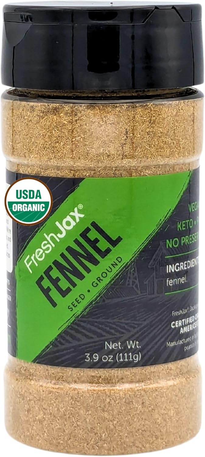 FreshJax Organic Ground Fennel Seed Powder 3.9oz | Sweet Aromatic Spice for Italian Sausage, Pork, Chicken, Curries, Soups, Baking Bread, Pasta Sauce, Marinades, Roasted Vegetables & Tea - Made in USA