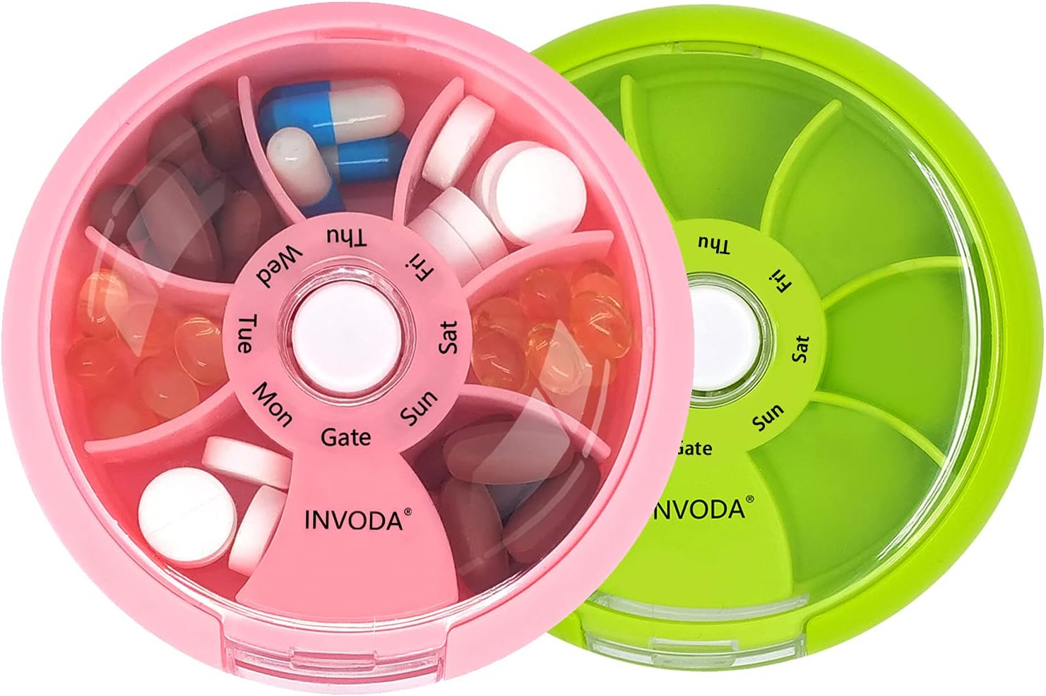 INVODA Weekly Pill Organizer 7 Compartment Rotating Pill Box for Daily Medication & Vitamins - Portable Travel Pill Case Fish Oil Supplements Vitamins Organizer (Pink+Green)