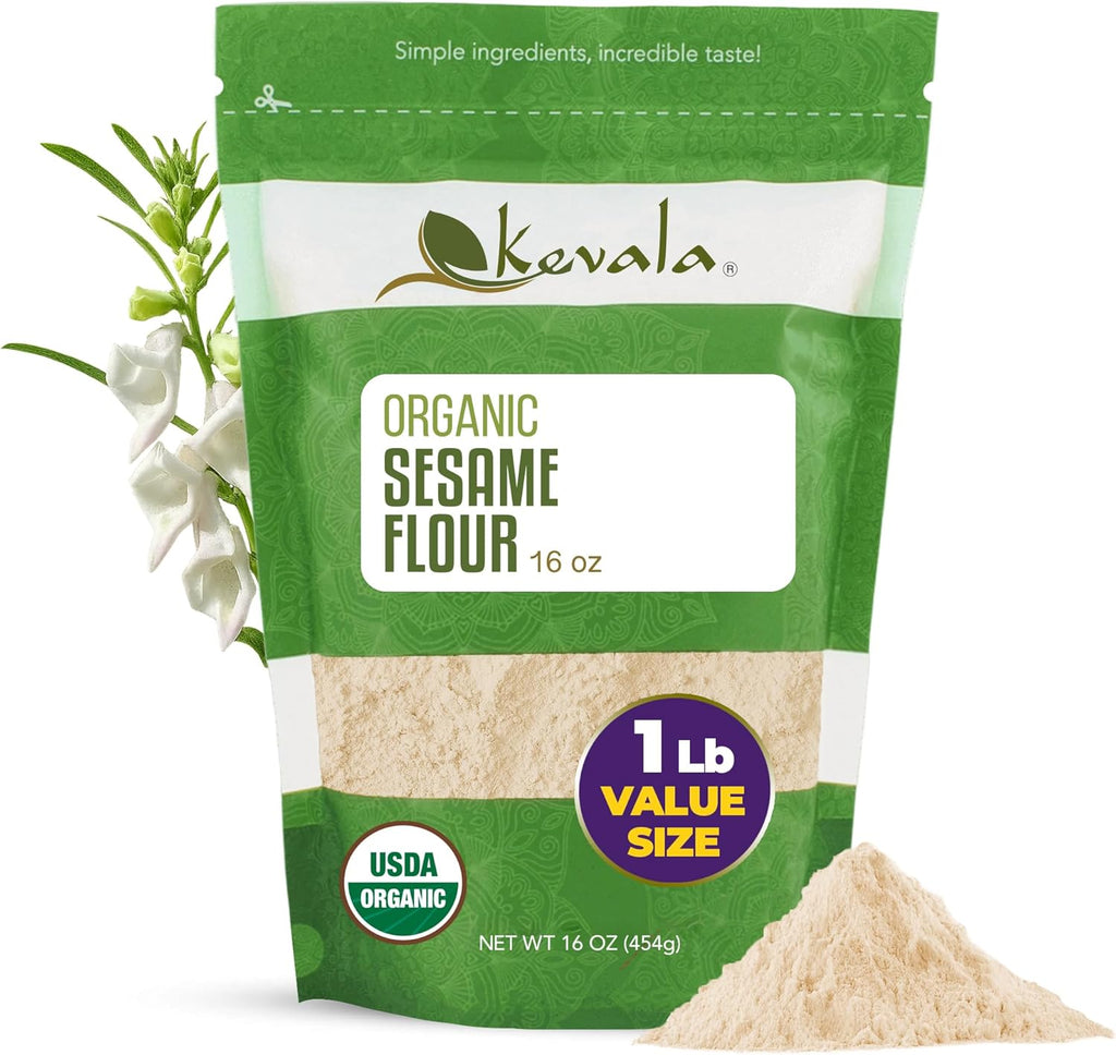 Kevala Organic Sesame Flour - 50% Protein Flour Made with Non GMO Sesame Seeds, With Mild Sesame Flavor, Vegan Protein Source, For Making Bread and Cooking, 1 lb, 16 oz