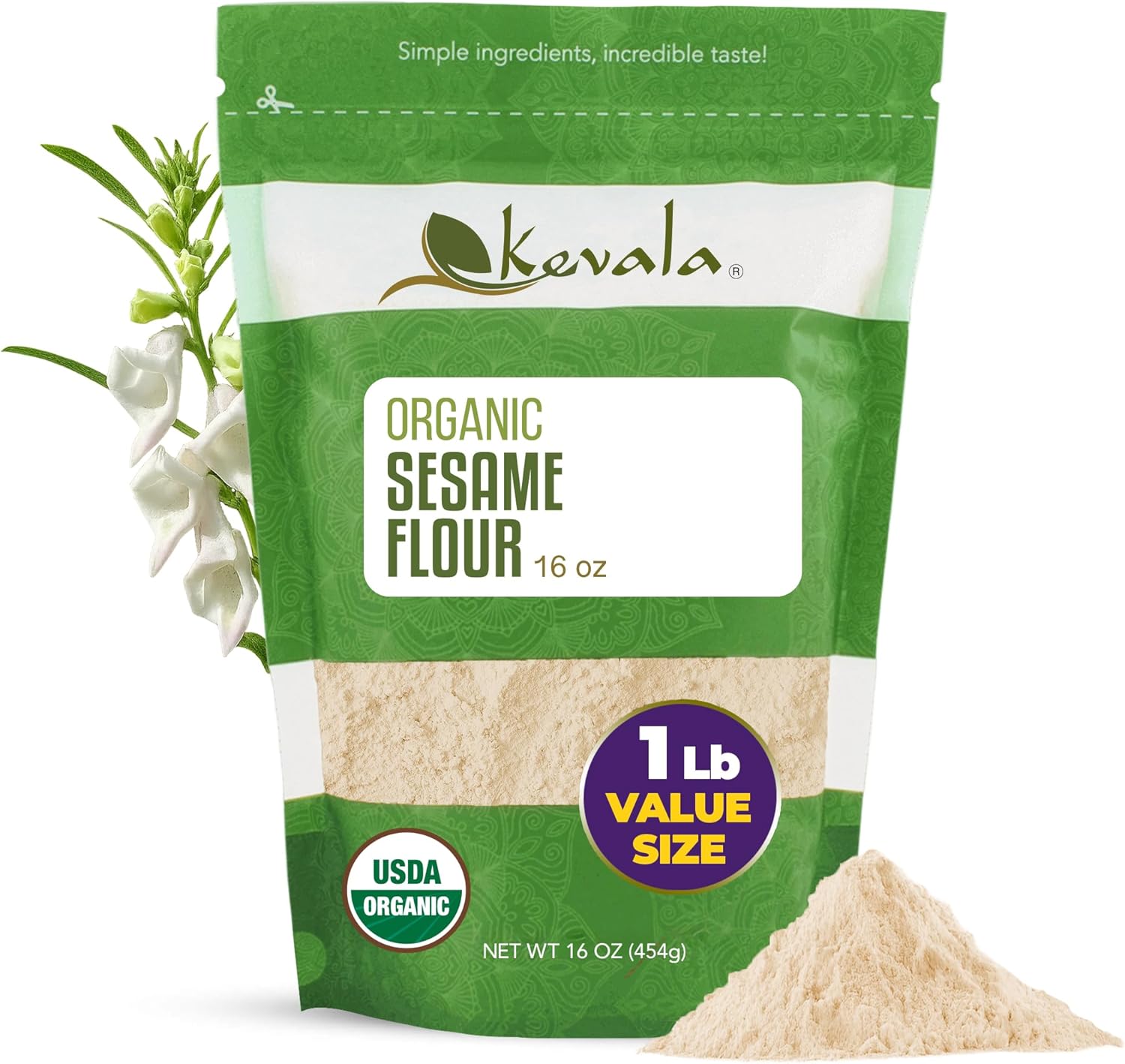 Kevala Organic Sesame Flour - 50% Protein Flour Made with Non GMO Sesame Seeds, With Mild Sesame Flavor, Vegan Protein Source, For Making Bread and Cooking, 1 lb, 16 oz