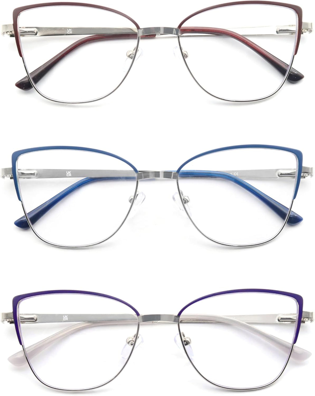 Reading Glasses Women Blue Light Blocking Thin Readers Stylish Cat Eye Cheaters Full Metal Frames Spring Hinges 3 Pack