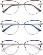 Reading Glasses Women Blue Light Blocking Thin Readers Stylish Cat Eye Cheaters Full Metal Frames Spring Hinges 3 Pack