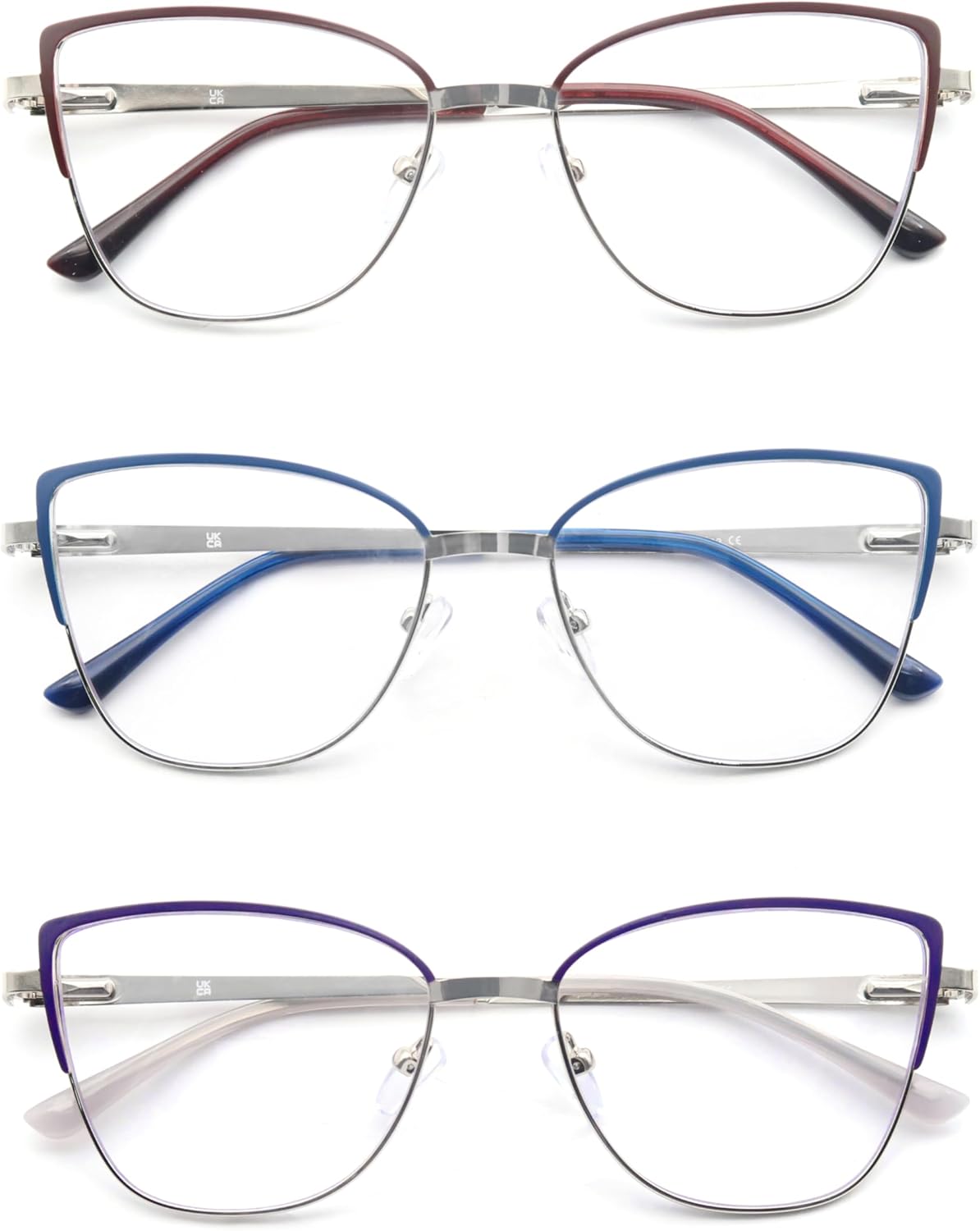 Reading Glasses Women Blue Light Blocking Thin Readers Stylish Cat Eye Cheaters Full Metal Frames Spring Hinges 3 Pack