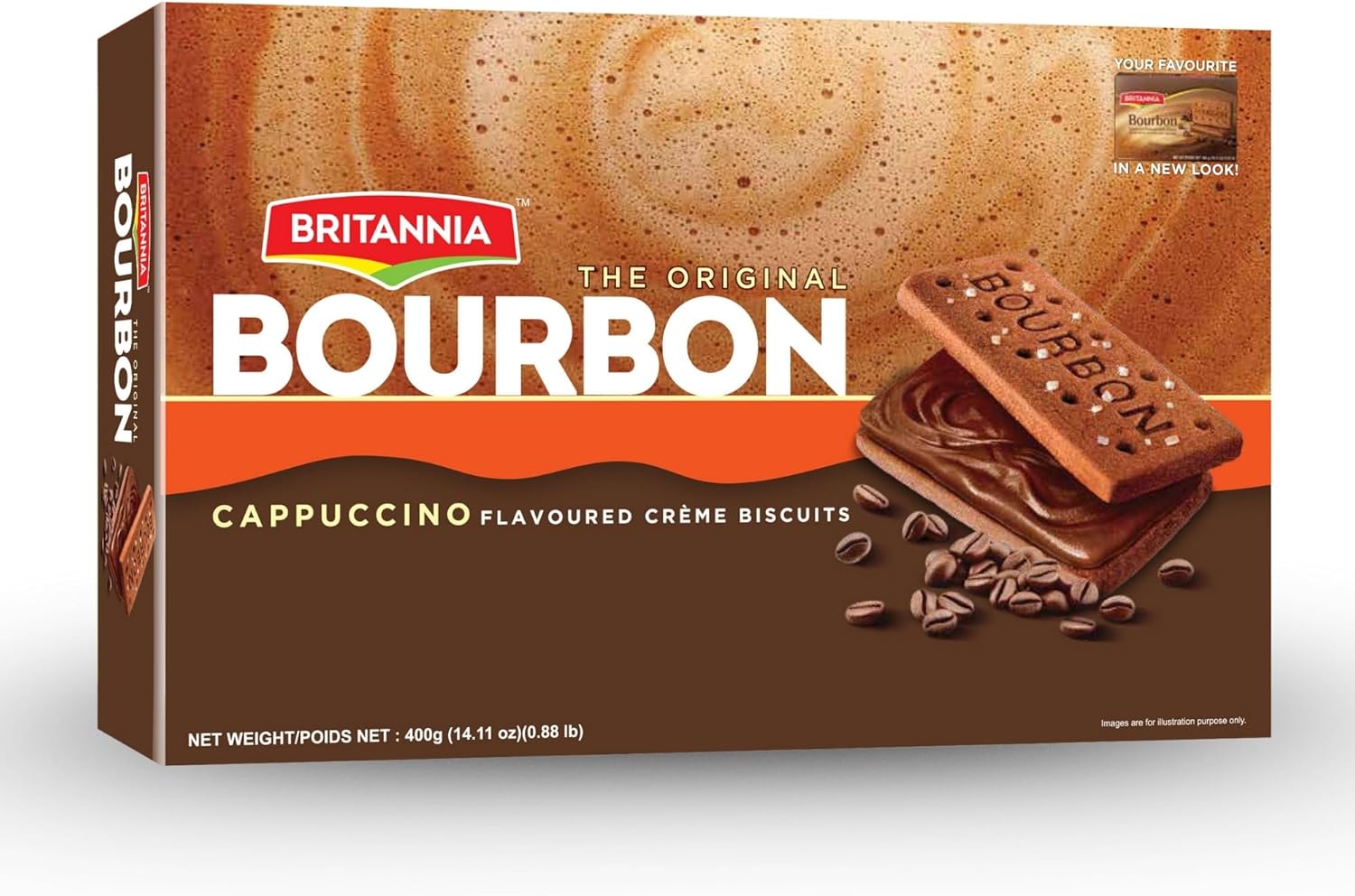 Britannia Bourbon Cappuccino Flavoured Crème Biscuits, Chocolate Sandwich Cookies with Coffee Cream Filling, 400g (14.11 oz)