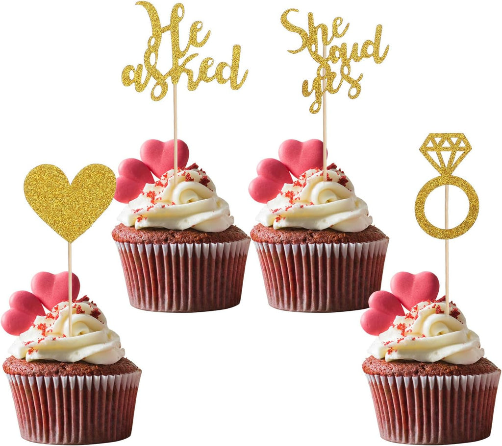 24PCS He Asked She Said Yes Wedding Cupcake Toppers, Engagement Party Decorations, Wedding Cake Toppers, Bridal Shower Decorations Diamond Ring Heart Love Cake Picks for Engagement Party