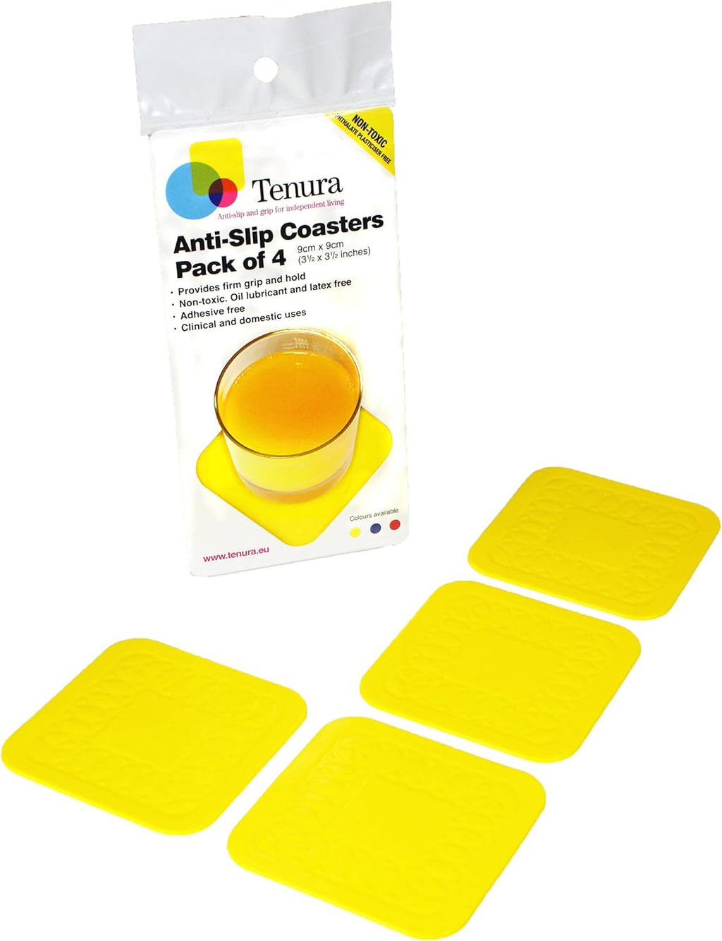 SP Ableware Tenura 100 Percent Silicone Non-Slip Square Coaster - Yellow, Pack of 4 (753720903)