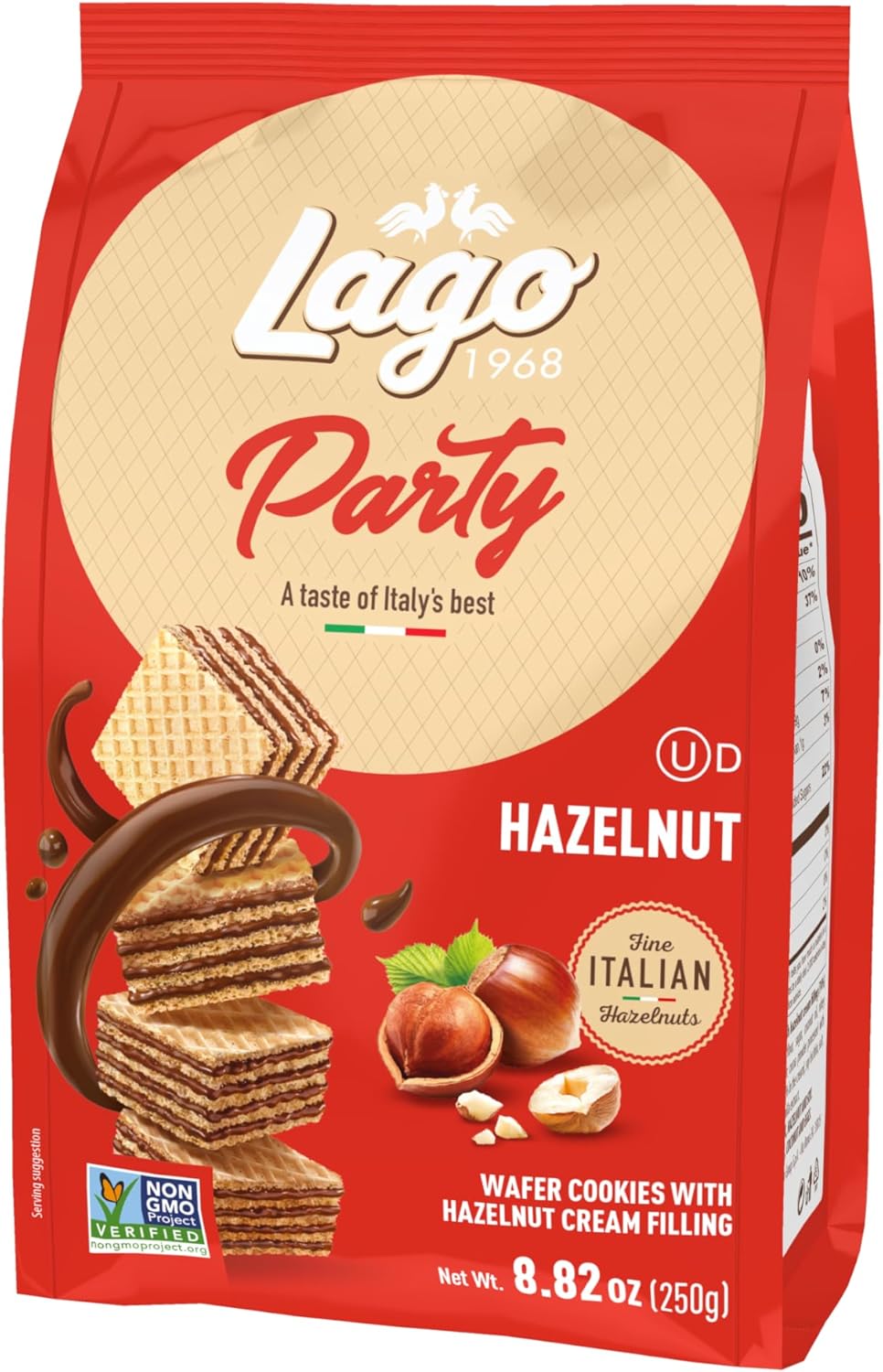 Gastone Lago Party Hazelnut Wafers, 8.82 oz – Italian Wafer Cookies with Hazelnut Flavored Cream Filling, Non-GMO Verified, Authentic Taste of Italy