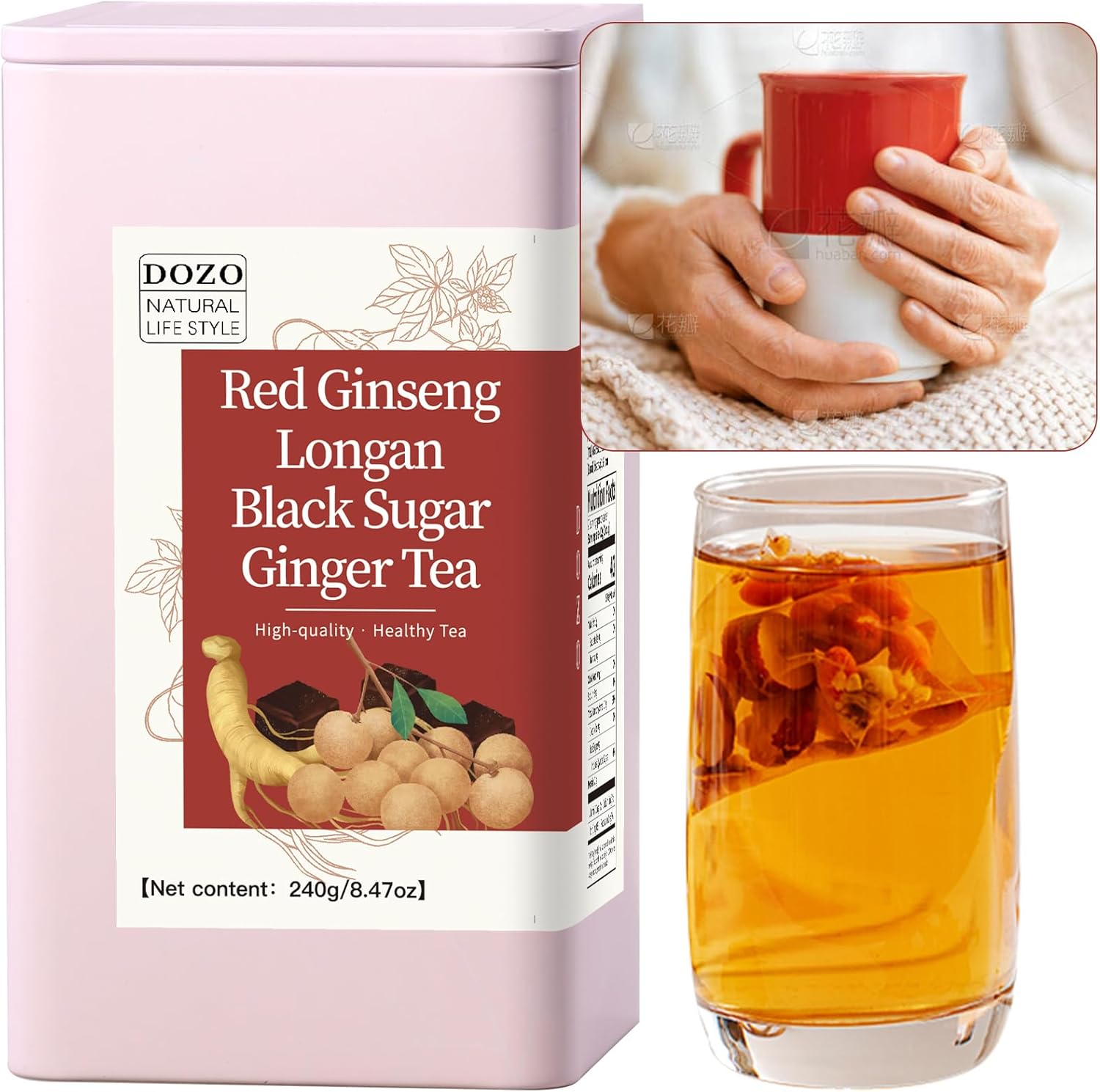 DOZO Red Ginseng Longan Ginger Black Sugar Tea 8.67oz (20bags) Yunnan Handmade Brown Sugar Cubes Ginger Tea with Red Date Rose Buds Korean Ginseng Wolfberry, Relieve Women Period Pain 桂圆红枣姜糖茶 黑糖姜茶 红糖姜枣茶