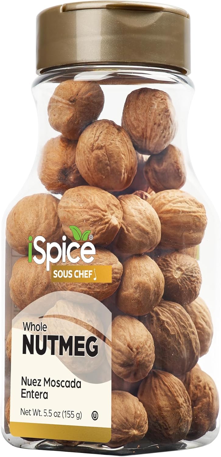 iSpice Premium nutmeg, whole nutmeg is Gluten Free and Non-GMO, 100% Natural, whole is used in Coffee, tea, hot chocolate, curries, sauces, mutton, vegetable recipes | 5.5 Oz (155g)