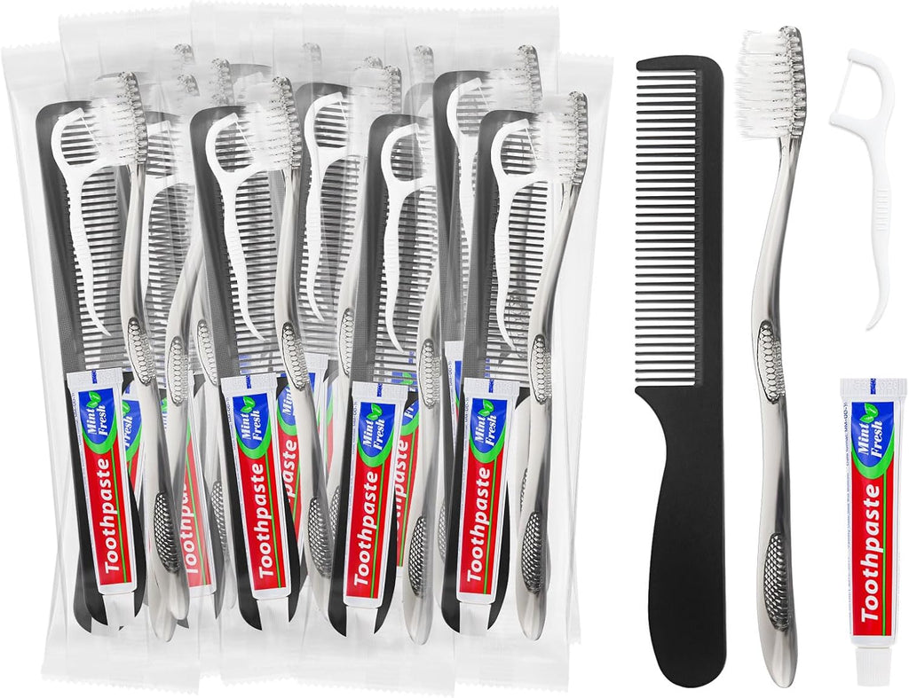 Travel Toothbrushes with Toothpaste, Disposable Toothbrushes, Hygiene Kits in Bulk with Floss Picks, Combs, Individually Packaged, Suitable for Home, Travel, and Hotels (50-Pack)