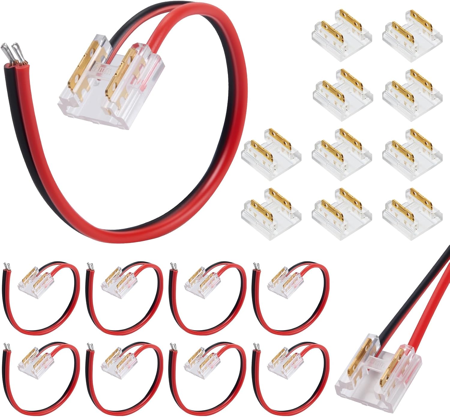 20PCS HFACOWK Premium LED Strip Connectors, Transparent Solderless 2 Pin 8mm LED Light Connector W/10PCS 5.9in Wires, for 12V/24V Single Color COB/SMD LED Lights Strip