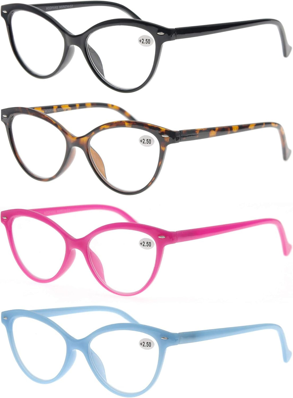 MODFANS Women Reading Glasses 2.5 4 Pack Fashion Colors Cat Eye Readers for Ladies Compact Spring Hinge Lightweight Frame Includes Pocket