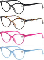 MODFANS Women Reading Glasses 3.0 4 Pack Fashion Colors Cat Eye Readers for Ladies Compact Spring Hinge Lightweight Frame Includes Pocket