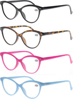 MODFANS Women Reading Glasses 1.25 4 Pack Fashion Colors Cat Eye Readers for Ladies Compact Spring Hinge Lightweight Frame Includes Pocket