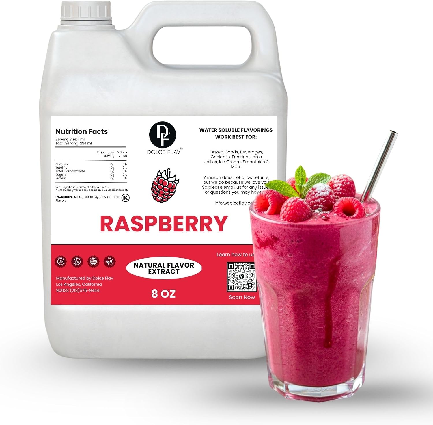 Dolce Flav Natural Raspberry Flavoring Concentrate | Water Soluble | 8 Fl Oz