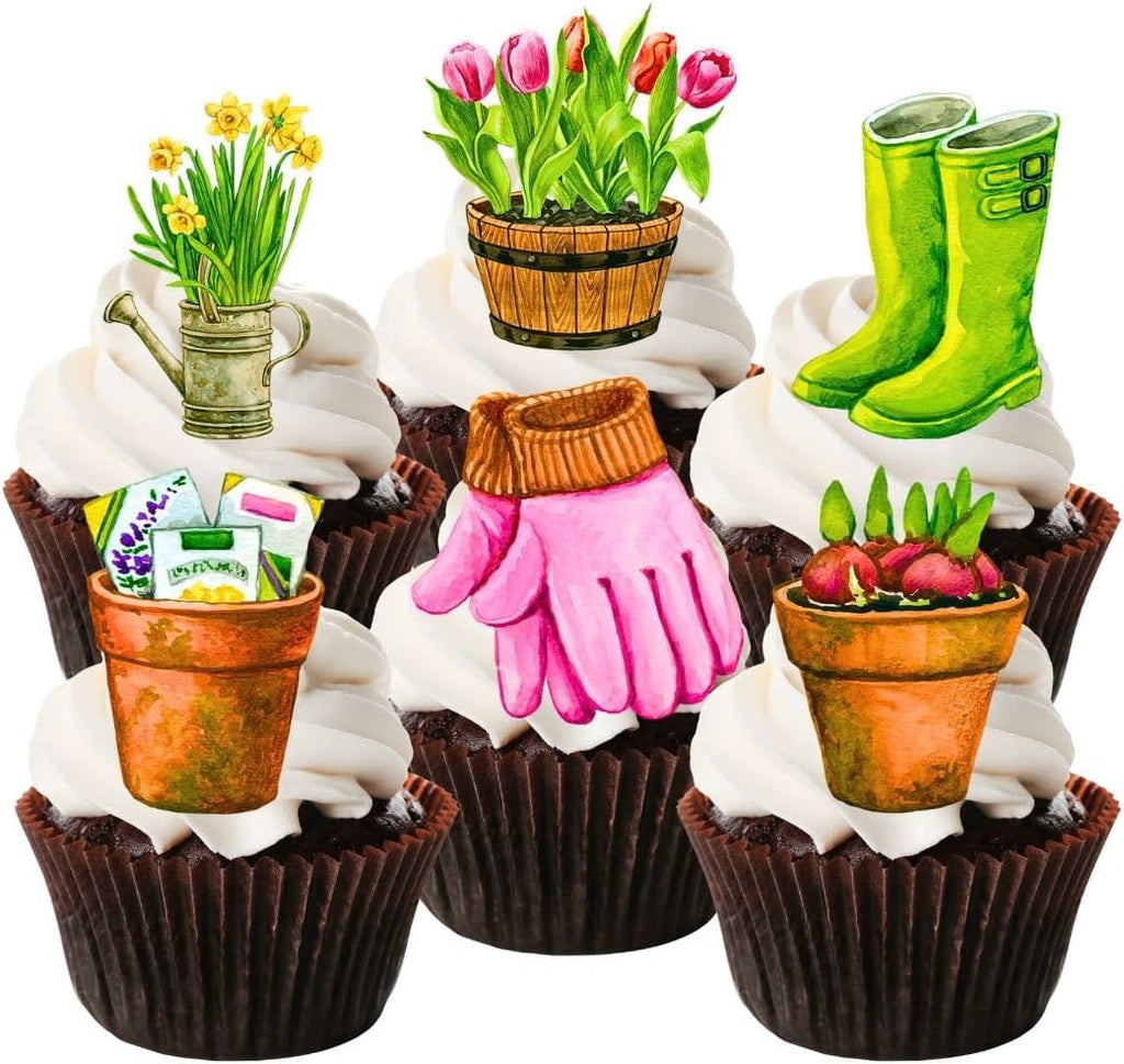 24 Gardener Theme, Green Thumb, Gardening Edible Cupcake Toppers - Stand Up SWEETENED Wafer Cake Decorations