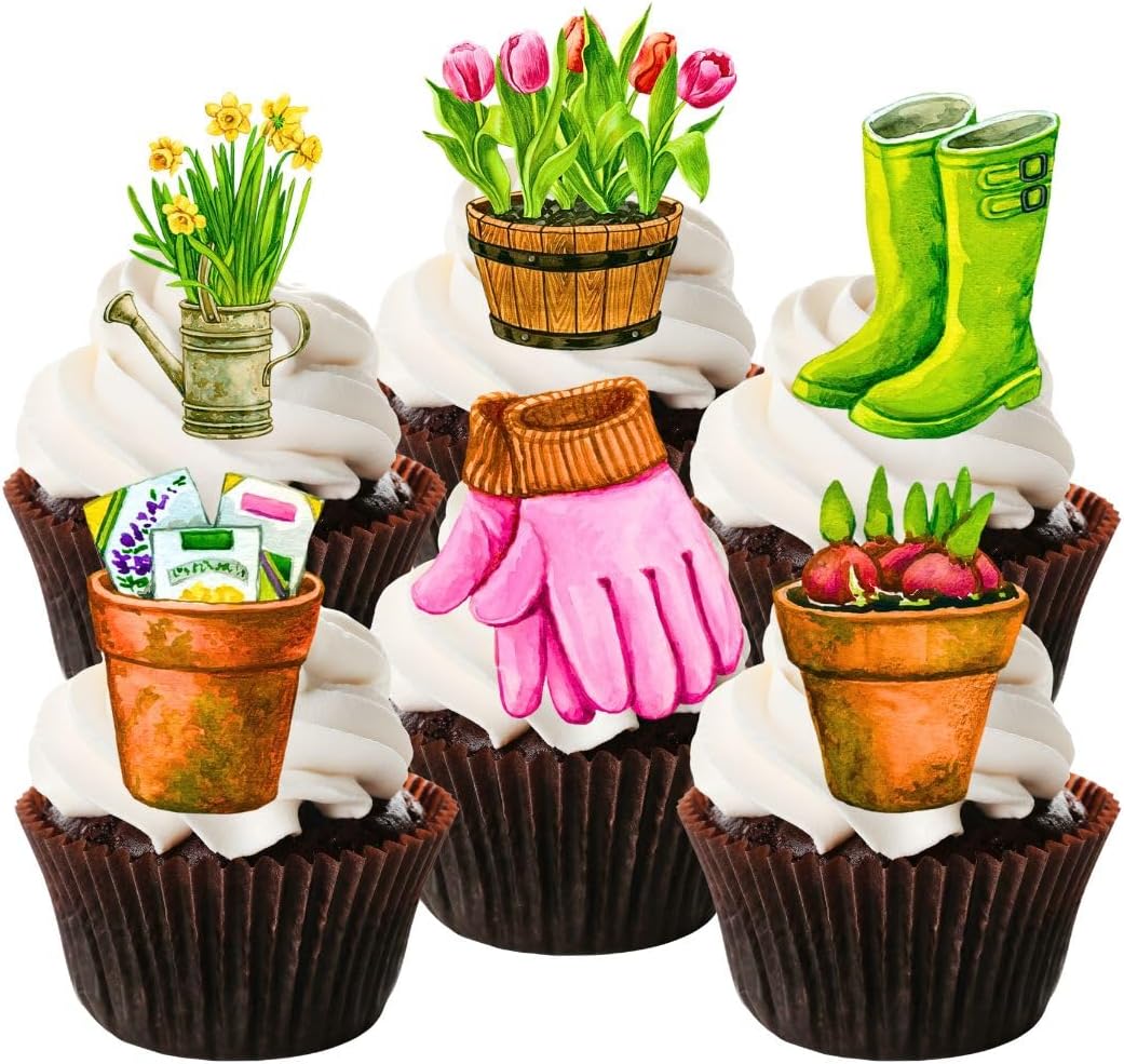 24 Gardener Theme, Green Thumb, Gardening Edible Cupcake Toppers - Stand Up SWEETENED Wafer Cake Decorations
