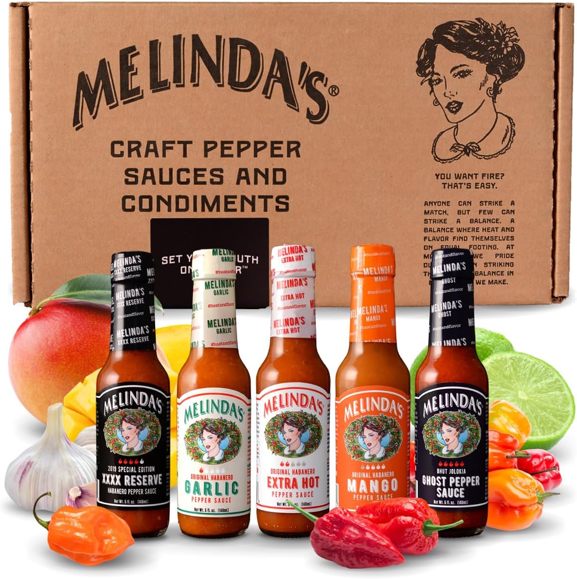 Melinda’s Hot Sauce Variety Pack - Extra Spicy Gourmet Hot Sauce Gift Set with Variety of Heat Levels - Includes XXXXtra Reserve, Garlic Habanero, Extra Hot, Mango, Ghost Pepper- 5 oz, 5 Pack