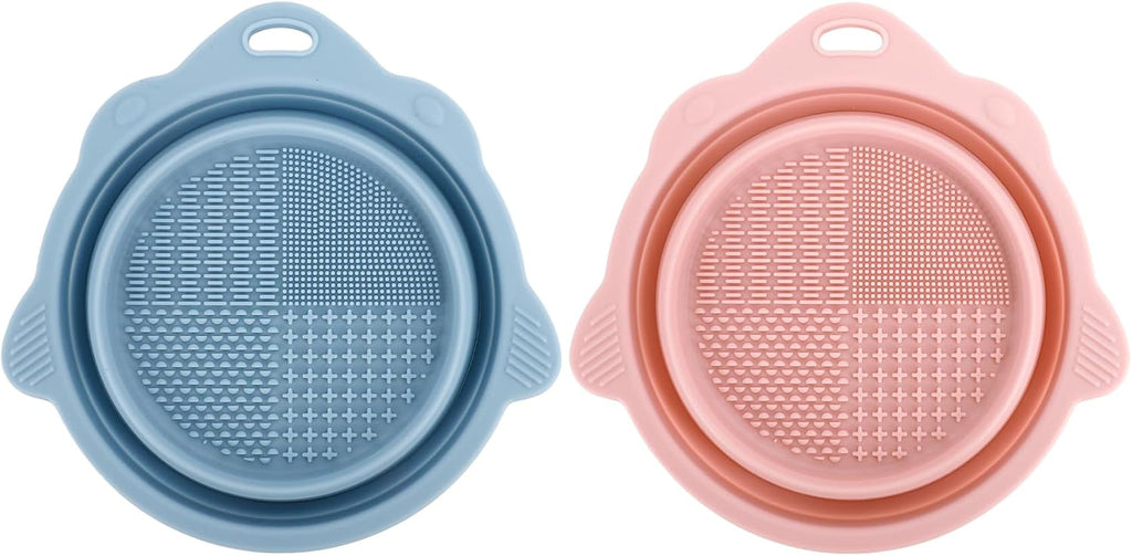 Makeup Brush Cleaner Bowl 2 Pcs Silicone Makeup Brush Cleaner Mat Foldable Makeups Brushes Cleaners Pad Portable Clean Tool for Travel Home Clean Brushes Powder Puff Beauty Blender Sponge, Pink, Blue