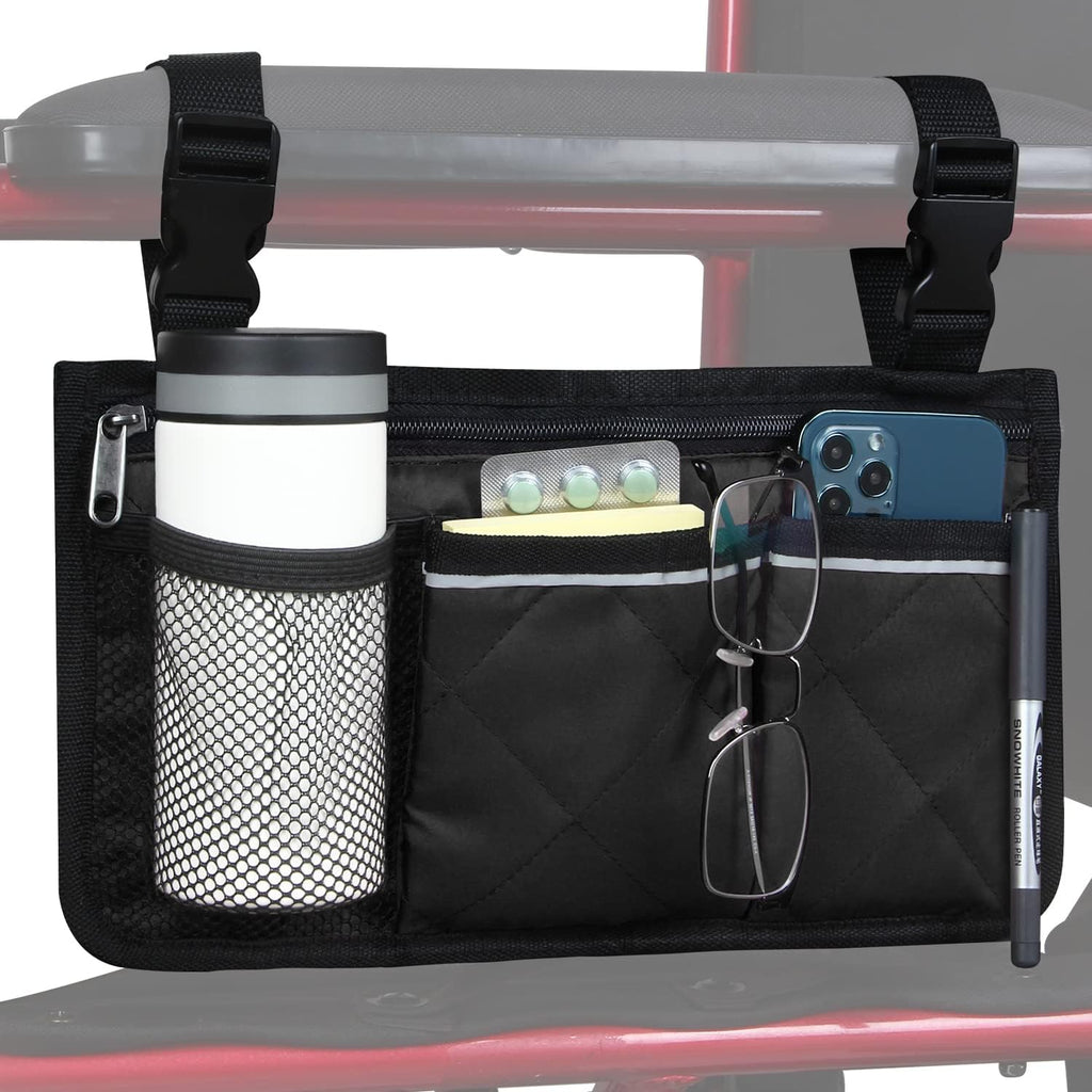 Wheelchair Side Bag, Armrest Storage Pouch with Cup Holder and Reflective Strip for Wheelchairs, Walkers or Rollators (Black)