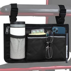 Wheelchair Side Bag, Armrest Storage Pouch with Cup Holder and Reflective Strip for Wheelchairs, Walkers or Rollators (Black)