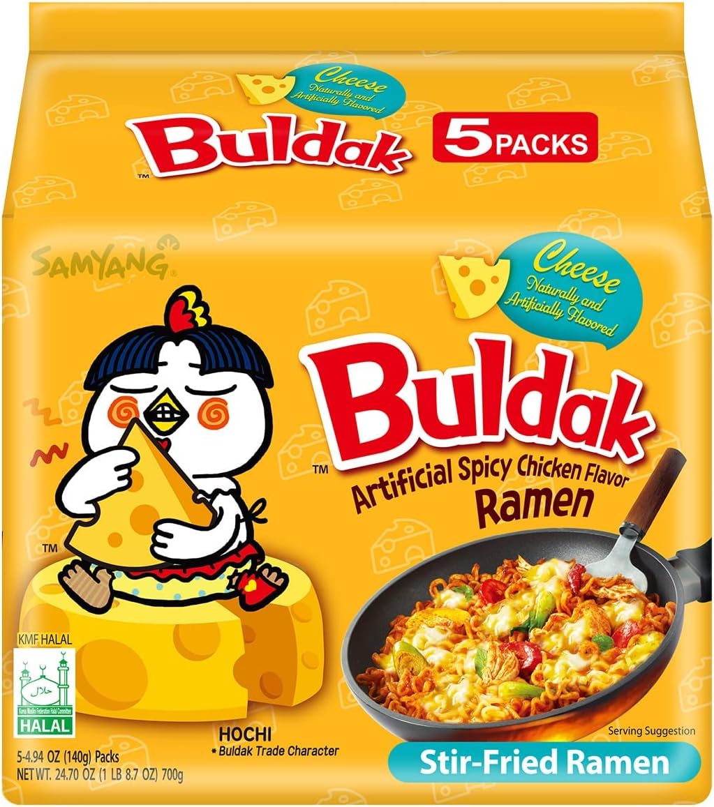 Samyang Buldak Spicy Ramen, Hot Chicken Ramen, Korean Stir-Fried Instant Noodle, Cheese, 1 Bag with 5 Pack