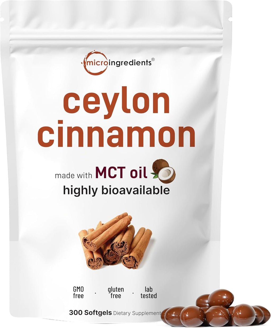 Micro Ingredients Ceylon Cinnamon | 300 Softgels with MCT Oil | Highly Bioavailable Herbal Extract | Extra Strength Cinnamon Supplements | Antioxidant & Sugar Monitor Support | Non-GMO, Gluten Free
