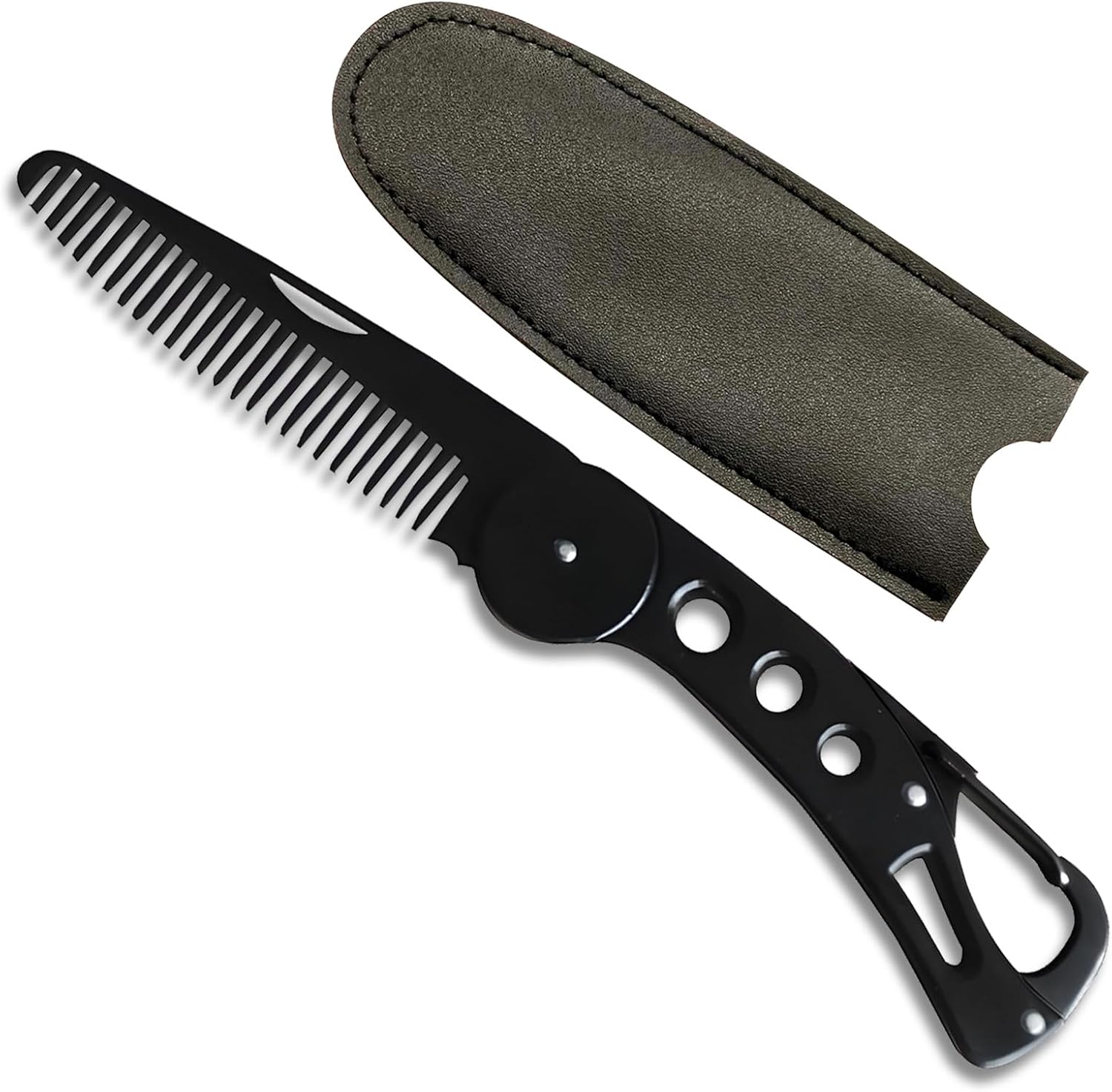 Stainless Steel Folding Beard Comb - Portable Multifunction Anti Static Comb with Leather Cover for Men Grooming, Combing Hair, and Mustache Styling