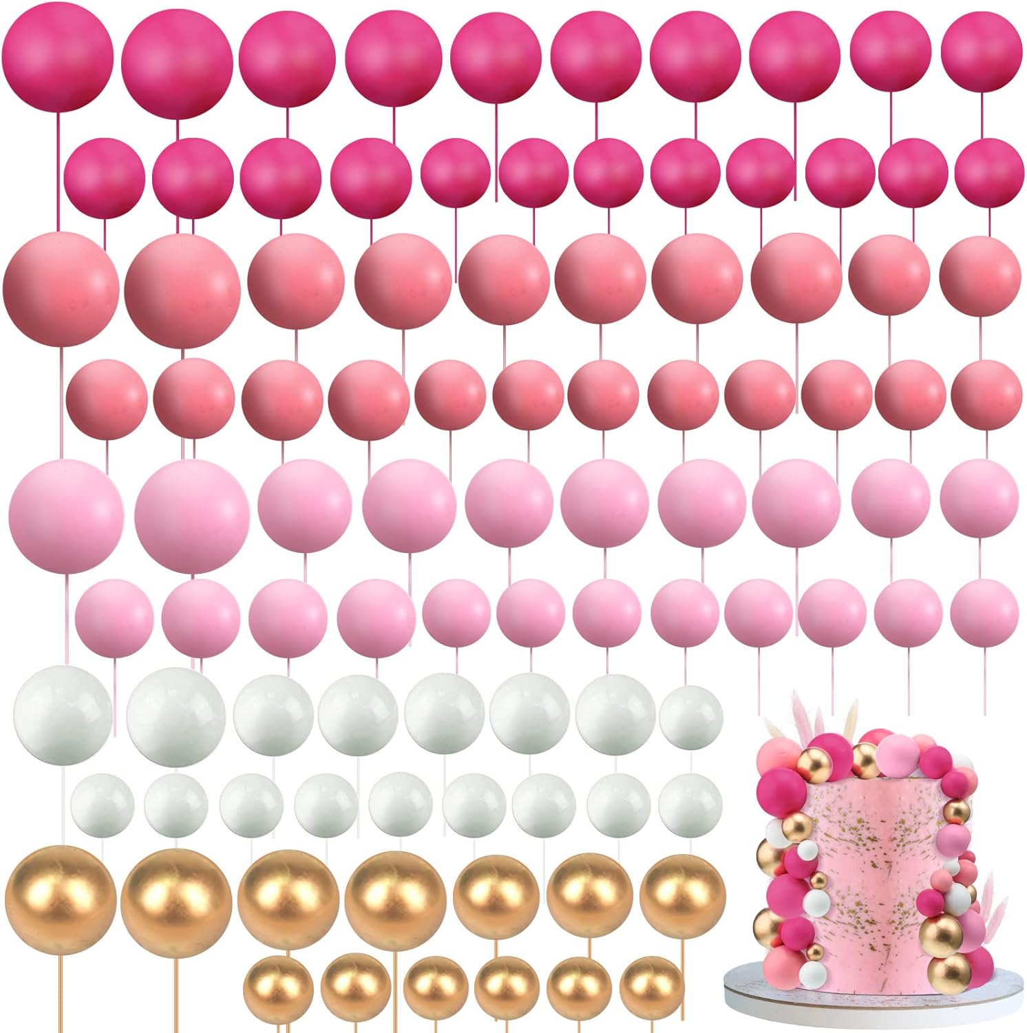 108 Pcs Balls Cake Topper DIY Cupcake Insert Foam Balloons for Cake Baking Wedding Anniversary Birthday Decoration(Pink Series, White, Gold,Multi Sizes)