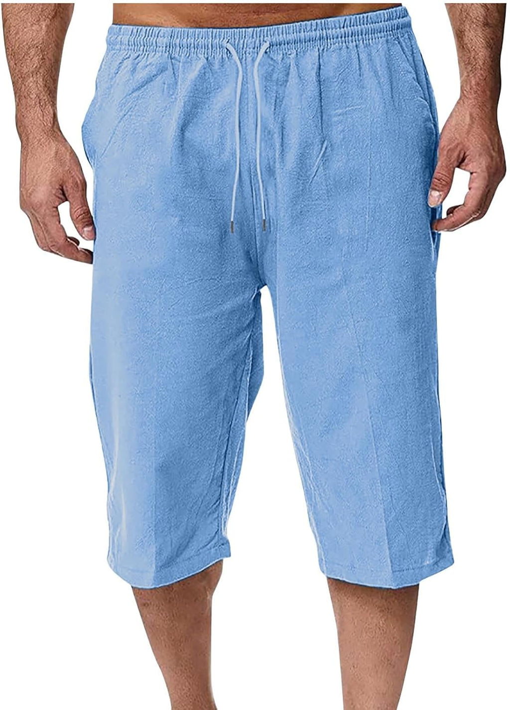 Mens Linen Shorts Capri Pants Baggy Drawstring Elastic Waist Beach Summer Cotton Athletic Shorts