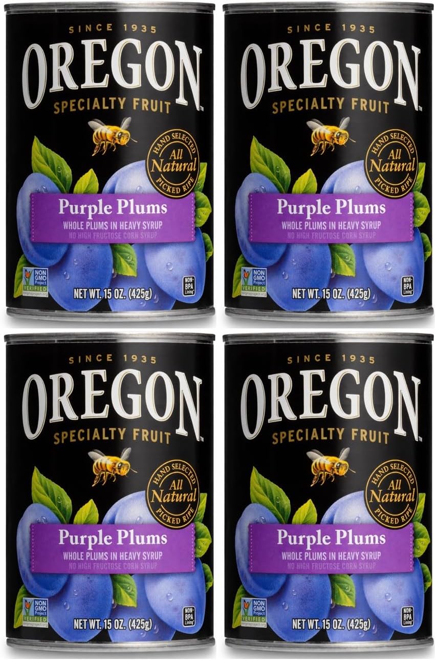 Oregon Whole Purple Plums in Heavy Syrup, 15 oz Cans, Pack of 4, Gourmet Canned Fruit for Baking, Desserts & Cooking