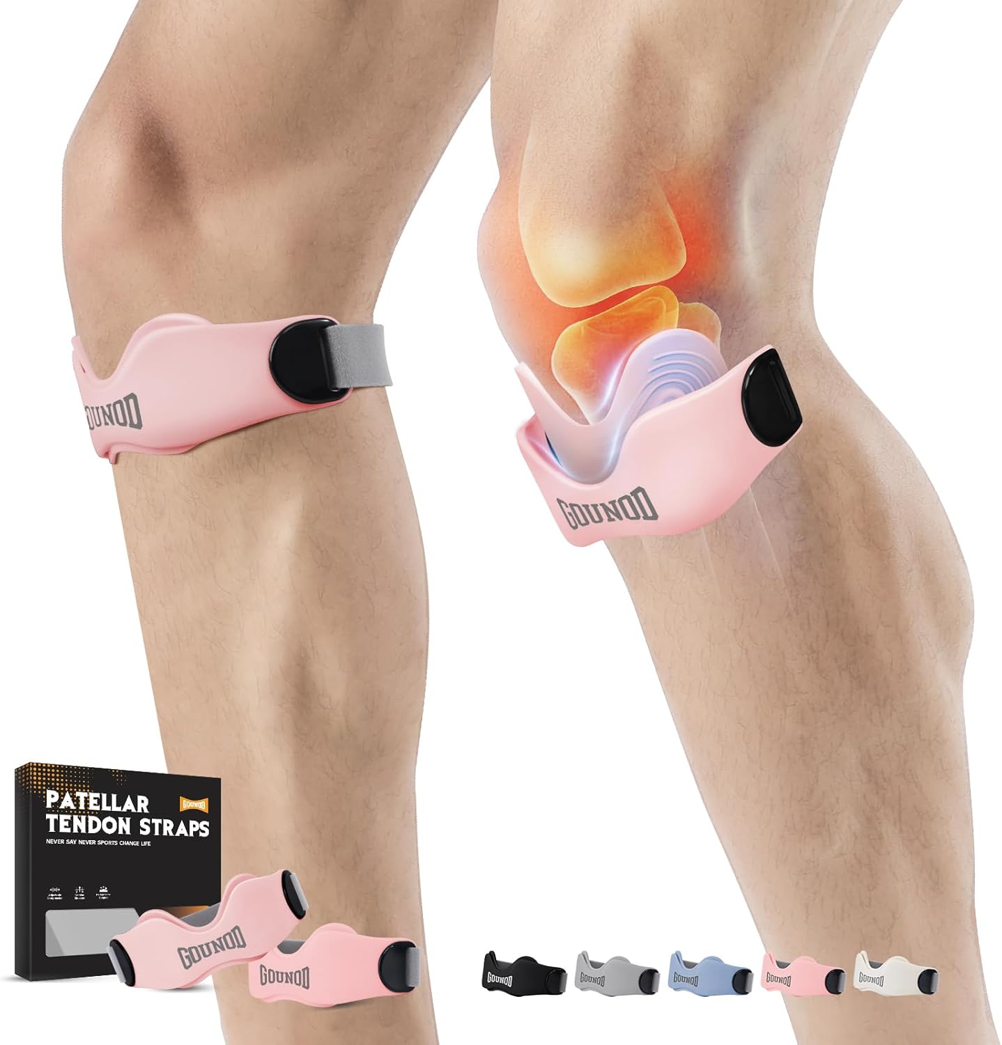 GOUNOD Patellar Tendon Support Strap 2 Pack,Silicone Knee Strap for Knee Pain Relief,Patella Band for Basketball, Jumpers Knee, Tendonitis, Running, Hiking, Soccer, Osgood Schlatter (Pink)