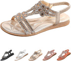 Women's Open Toe Rhinestones Flat Sandals,Sexy Summer Boho Elastic Slingback Ankle Strap Casual Dressy Beach Shoes
