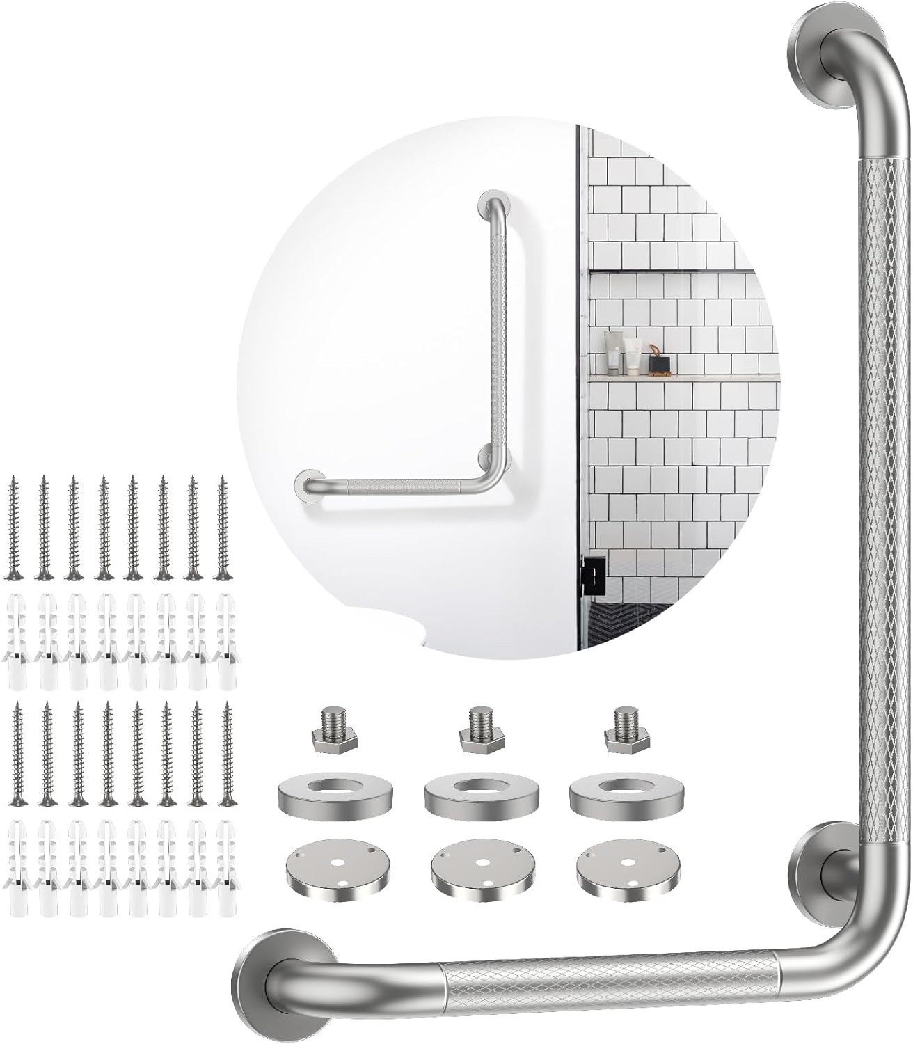 Brushed Nickel Angled Grab Bar 16x24 Inch, iHansee Bathroom Safety Bar w/Anti-Slip Knurled Grip, Wall Mount L Shaped Shower Handle for Elderly Senior Handicap, Toilet Bathtub Balance Support Bar