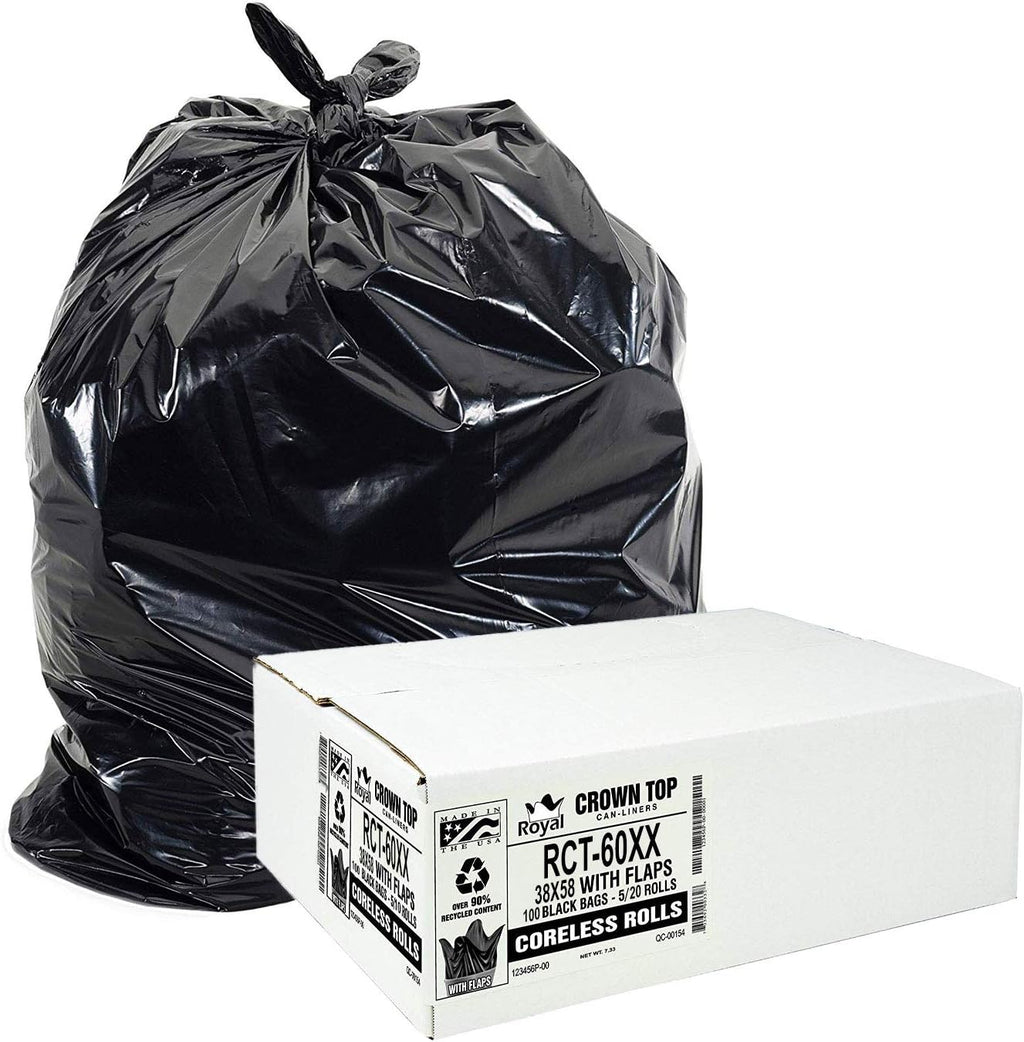 Aluf Plastics RCT-60XX Star Sealed Coreless Rolls with E-Z Tie Flap Closure, 60 gal, Polyethylene, 38" x 58", Black (Pack of 100)