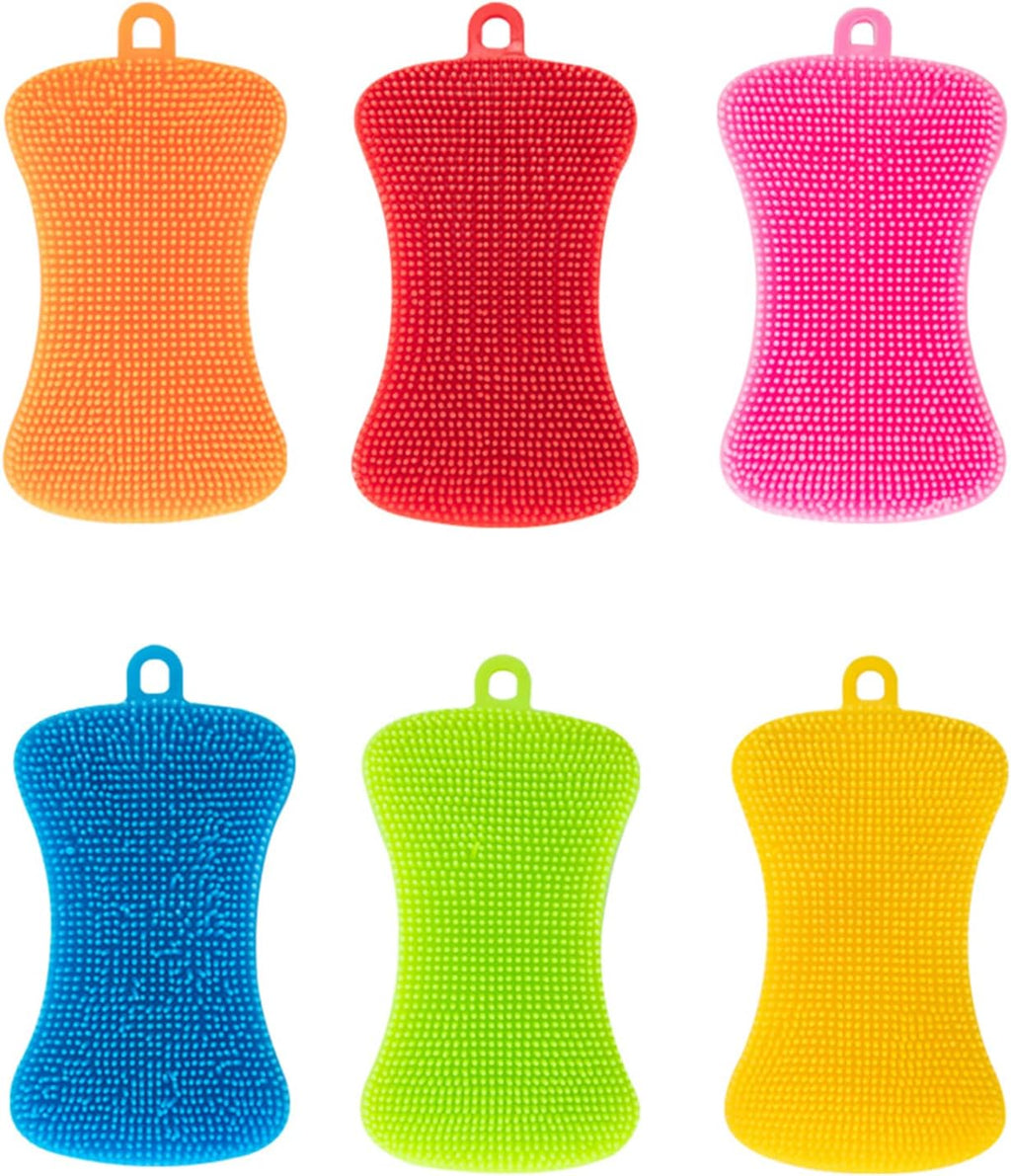 Silicone Sponge Dish Washing Kitchen Scrubber, 6 Pack Reusable Dish Washing Cleaning Sponges Double-Sided Multipurpose Non Stick Silicone Dish Sponges for Dishes, Fruit, Vegetable （Multicolor）