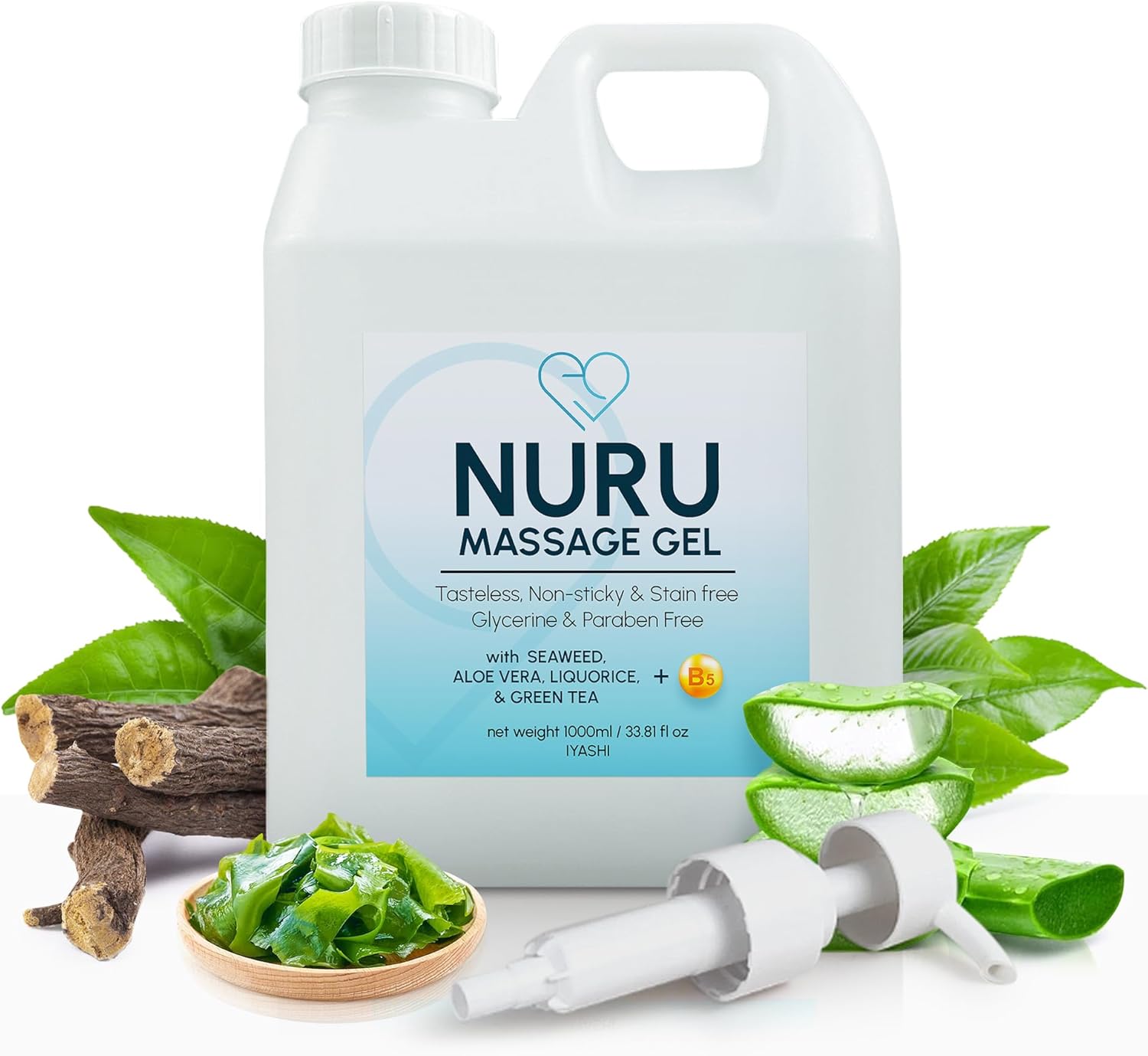 Nuru Massage Therapy Gel | Colorless, Tasteless, Stain-Free, Unscented | Massage Oil Alternative, Water-Based Nuru Gel | Aloe Vera, Seaweed, Green Tea, Liquorice, & Vitamin B5 | (33.8 Fl Oz)