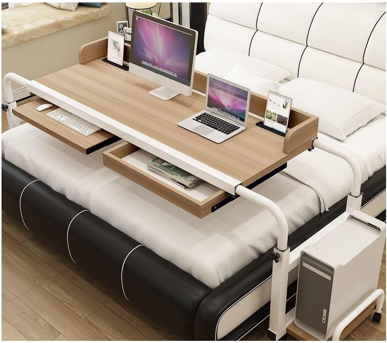 Overbed Table Wheels Extendable Rolling Overbed Table,Overbed Table with Wheels,Overbed Desk Rolling Laptop Stand Over Bed Desk Mobile Overbed Table with Adjustable Length and Heig