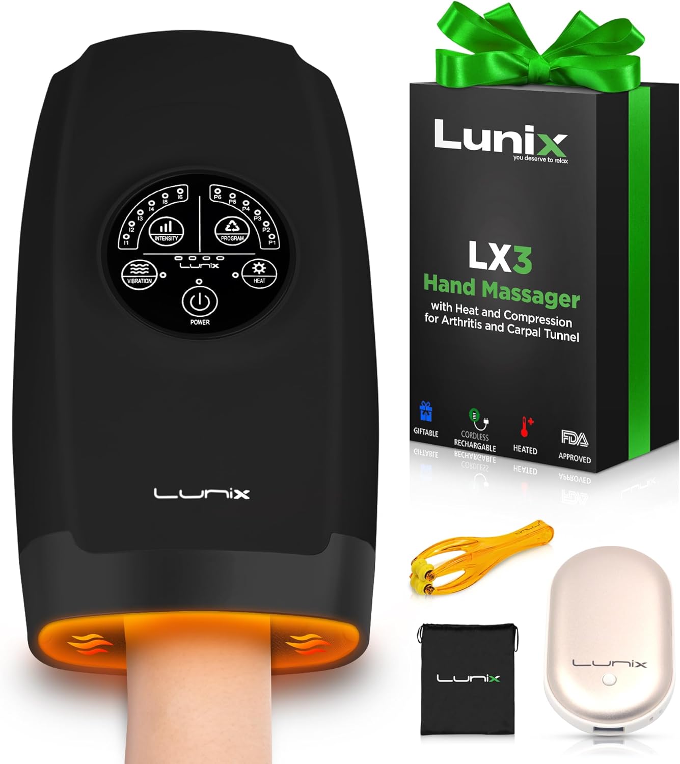 Lunix LX3 FSA Carpal Tunnel & Wrist Pain Relief Device, Heated Air Compression Hand Massager Machine for Arthritis & Finger Numbness, Cordless, Charcoal Black