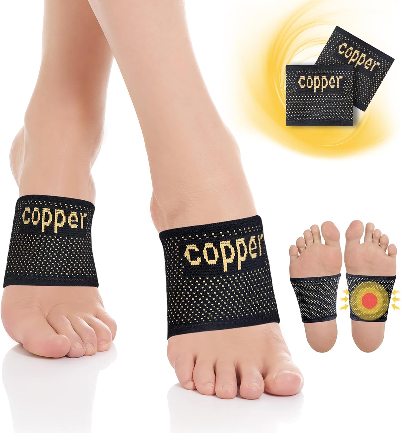 Copper Foot Arch Support for Women and Men 2 Pack, Plantar Fasciitis Arch Support Compression Sleeves, Arch Support Braces for Feet Pain Relief, Swelling, Foot Care, Flat & Fallen Arches, High Arch