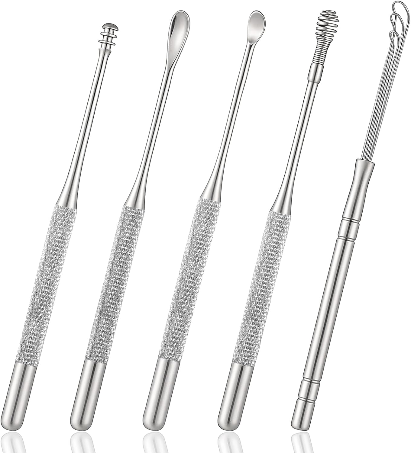 ElevateTech Ear Pick Earwax Removal Kit, 5 Pcs Stainless Metal Ear Cleansing Tool Set with Ears Spoon & Curette & Spiral Spring Reusable Earwax Removal Tool for Adults