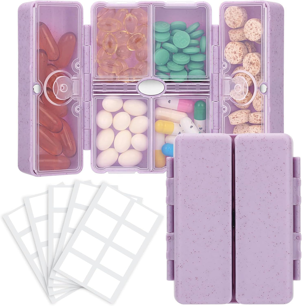 FYY Travel Pill Organizer with Blank Lables,6 Compartments Magnetic Pill Organizer Pill Box for Purse Pocket to Hold Vitamins,Cod Liver Oil,Supplements and Medication-Purple