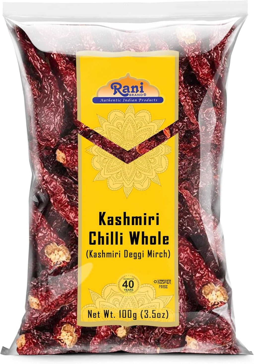 Rani Kashmiri Chilli Whole (Deggi Mirch, Low Heat) 3.5oz (100g) ~ Natural | Salt-Free | Vegan | No Colors | Gluten Friendly | NON-GMO | Kosher | Indian Origin