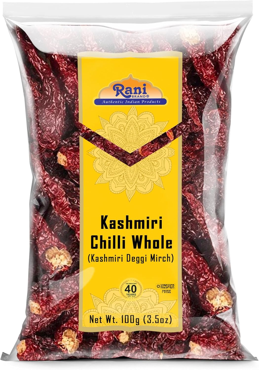 Rani Kashmiri Chilli Whole (Deggi Mirch, Low Heat) 3.5oz (100g) ~ Natural | Salt-Free | Vegan | No Colors | Gluten Friendly | NON-GMO | Kosher | Indian Origin